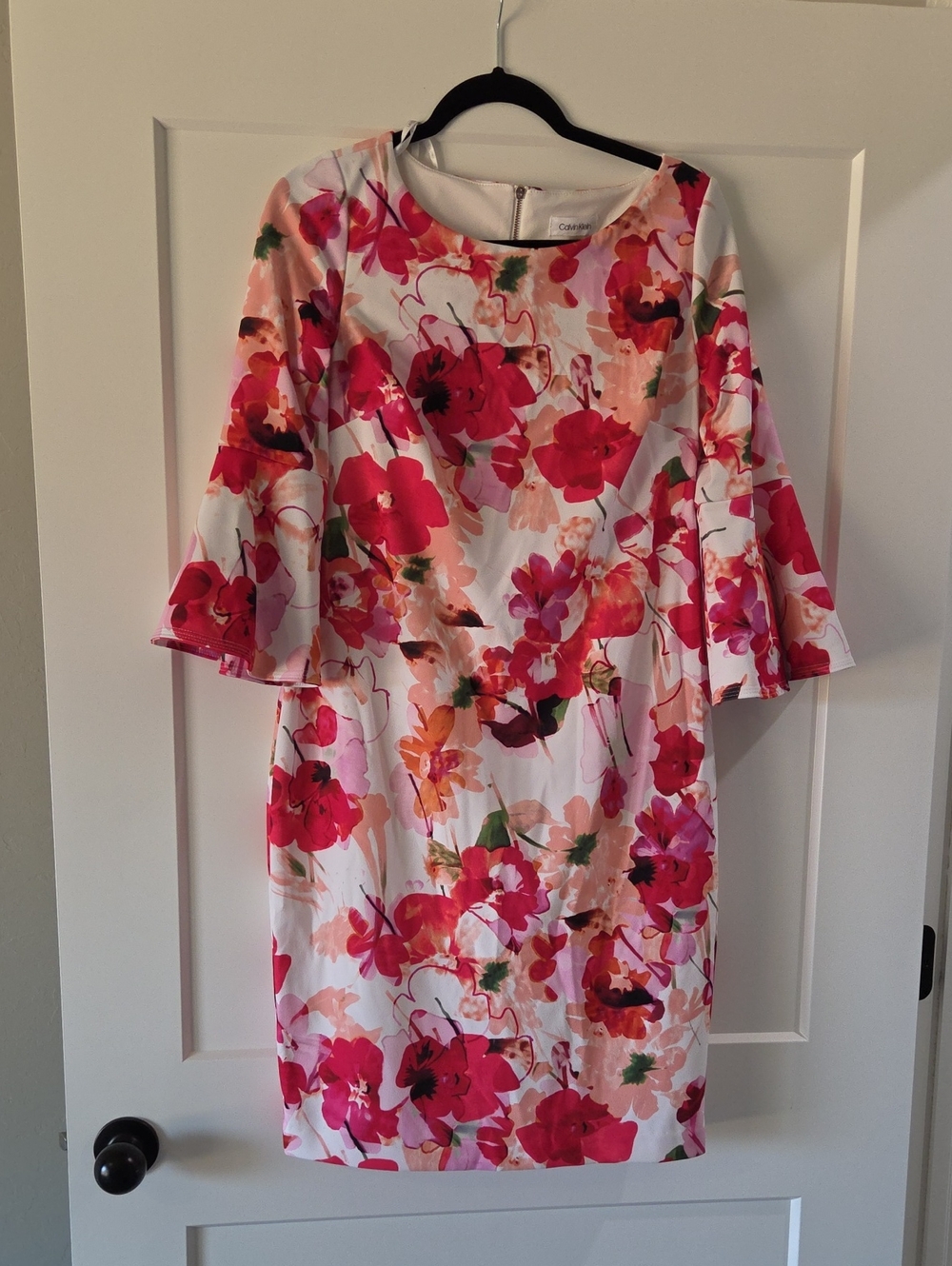 Calvin Klein White Midi Dress with Pink & Red Floral Print